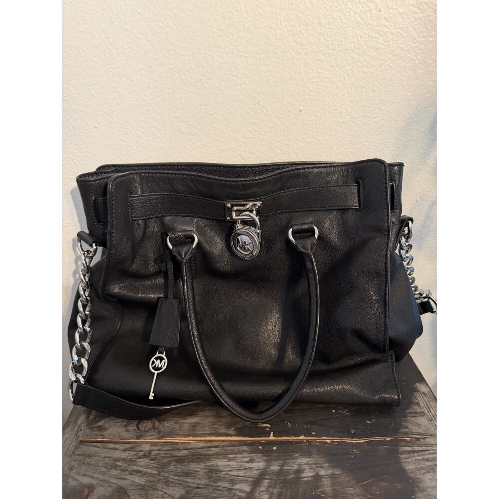 Michael Kors Hamilton Satchel Tote Leather Bag Black with Silver Lock and Chain